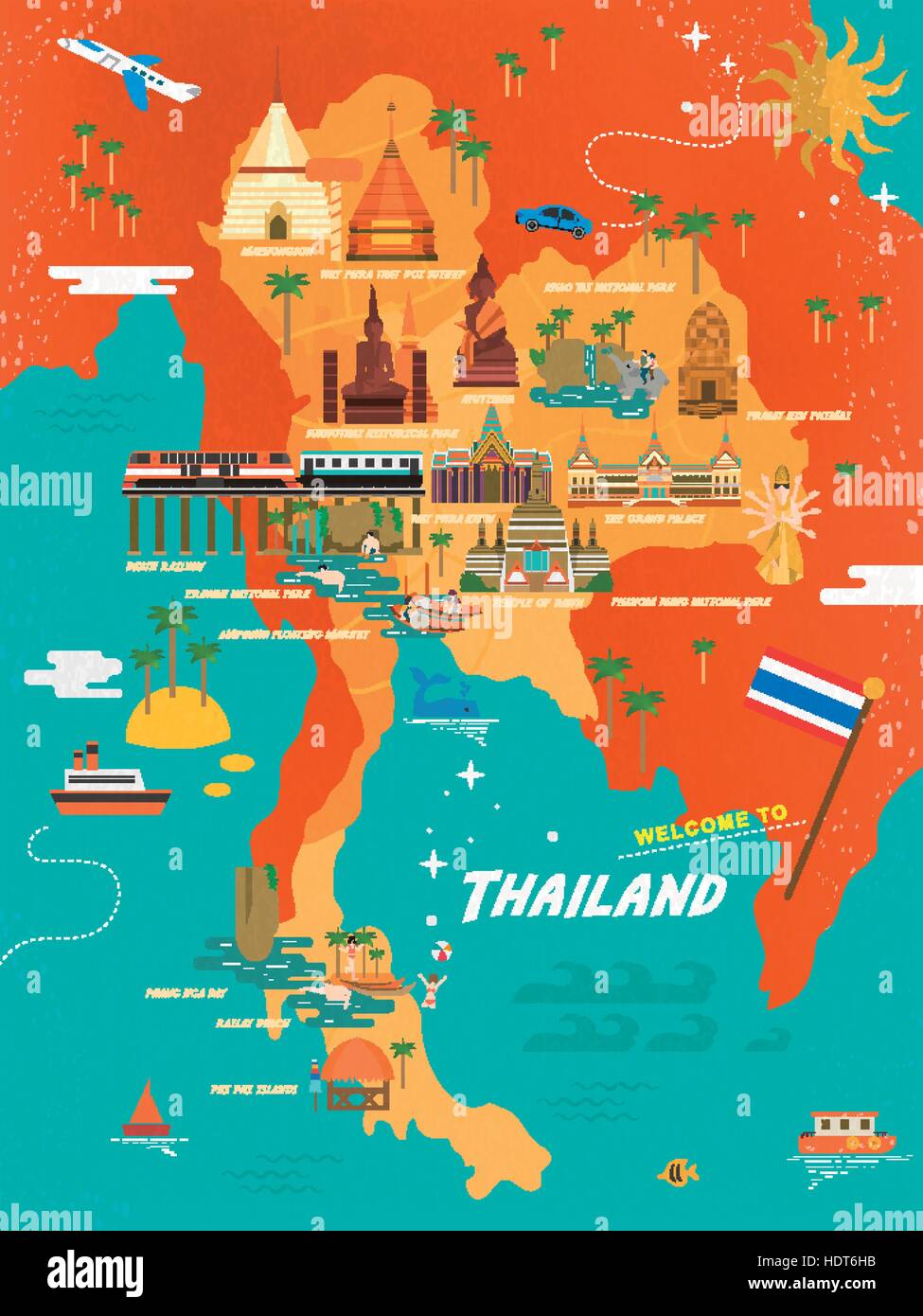 Adorabili viaggi in Thailandia concetto poster in stile piatto Illustrazione Vettoriale