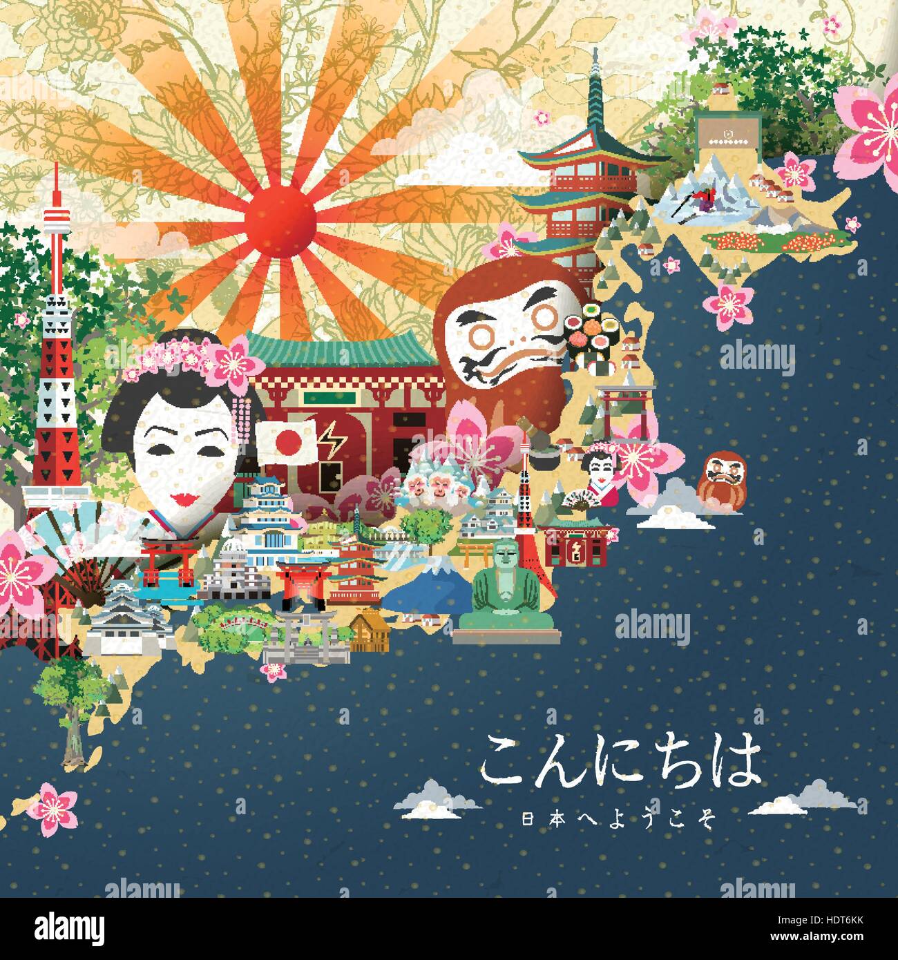 Bellissimo il Giappone mappa di viaggio - Benvenuto al Giappone e ciao in giapponese in basso a destra Illustrazione Vettoriale
