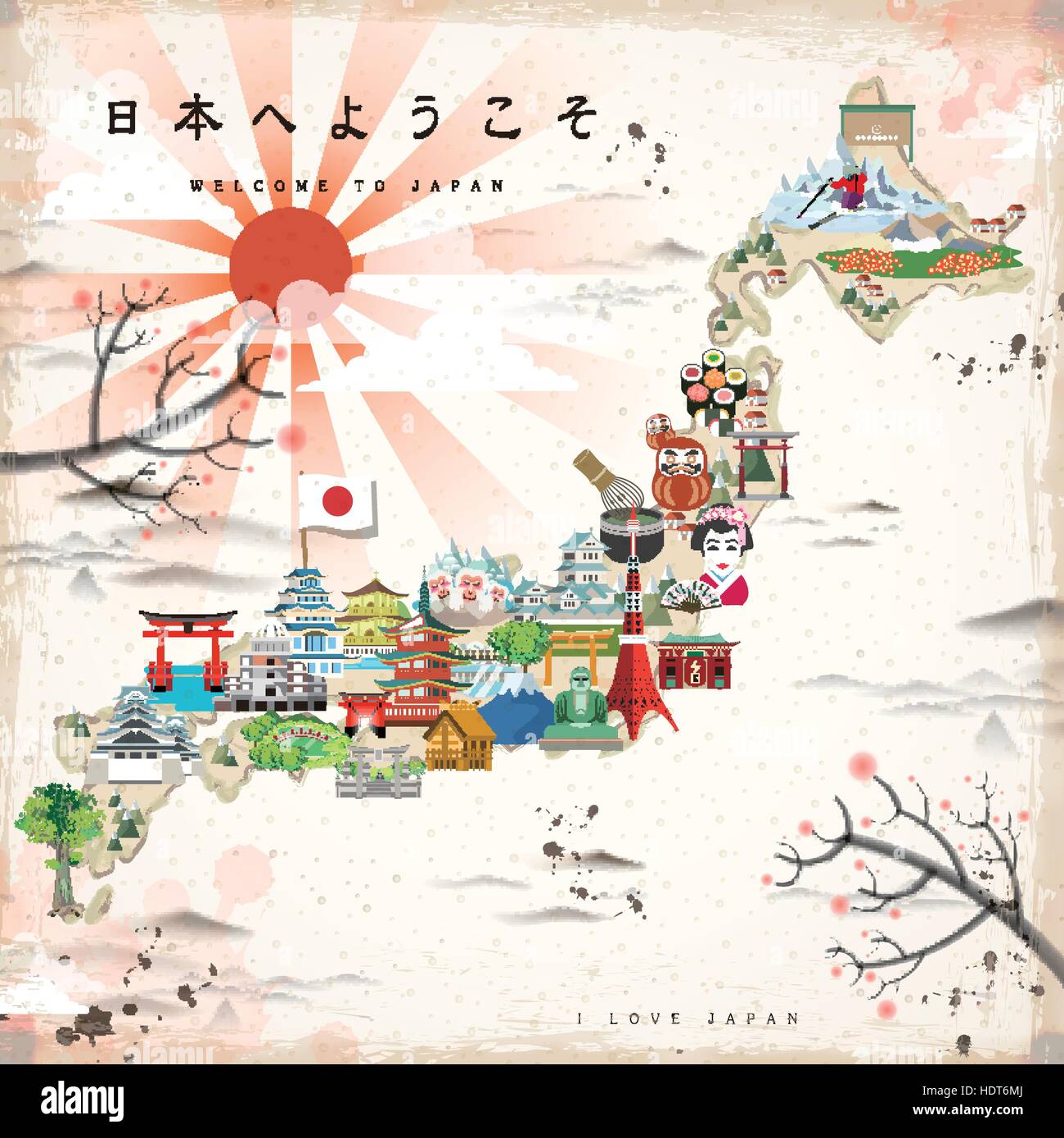 Bellissimo il Giappone mappa di viaggio - Benvenuto al Giappone in giapponese sulla parte superiore sinistra Illustrazione Vettoriale