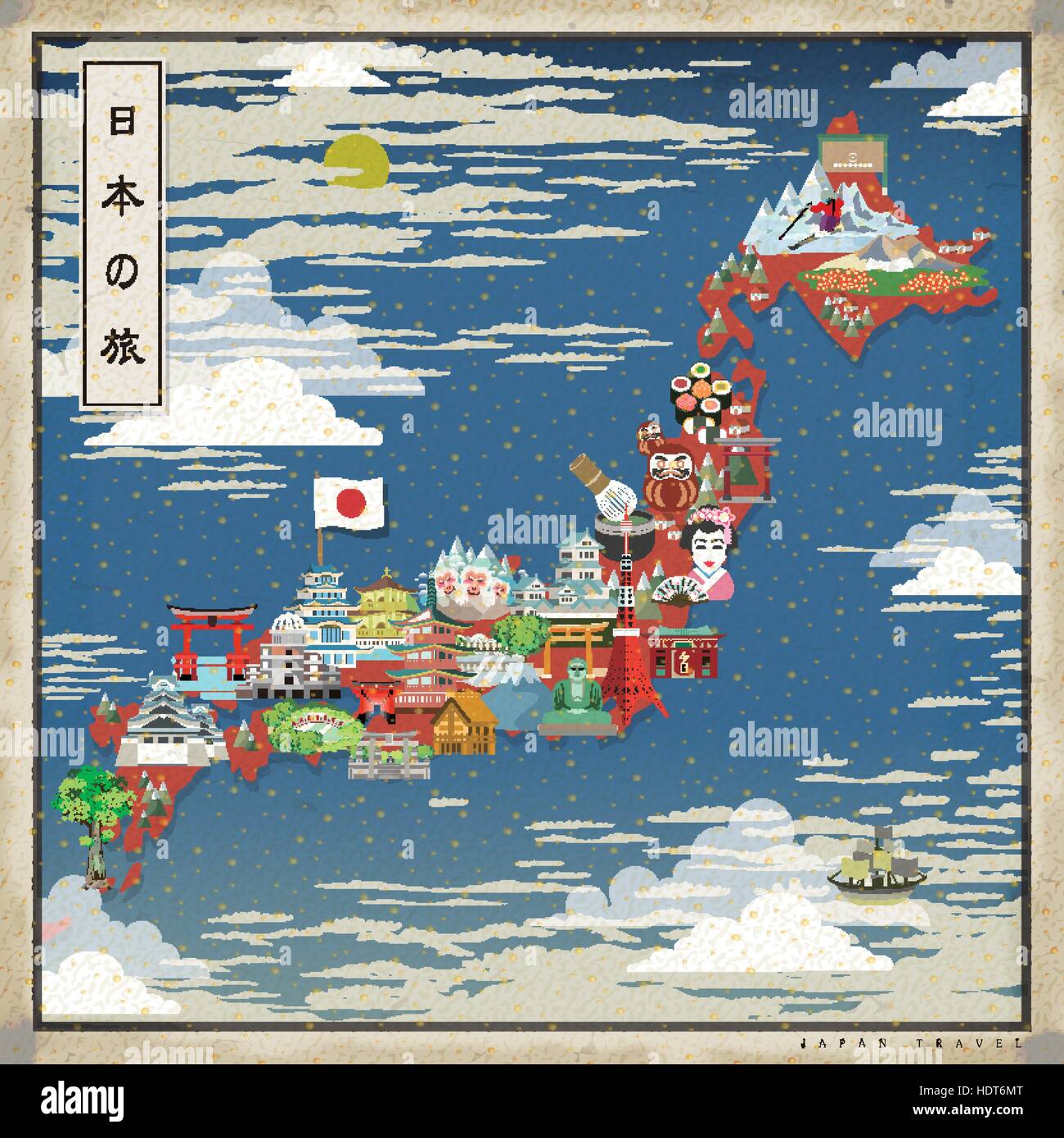 Bellissimo il Giappone mappa di viaggio - Giappone viaggi in giapponese su in alto a sinistra Illustrazione Vettoriale