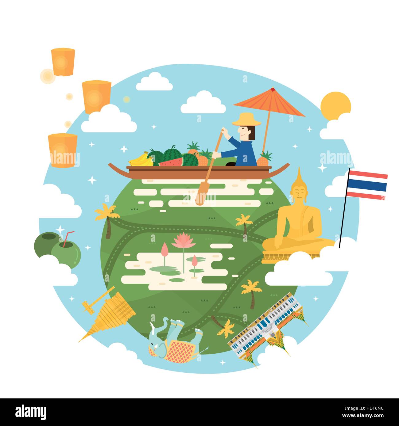 Bella viaggi in Thailandia poster in stile piatto Illustrazione Vettoriale