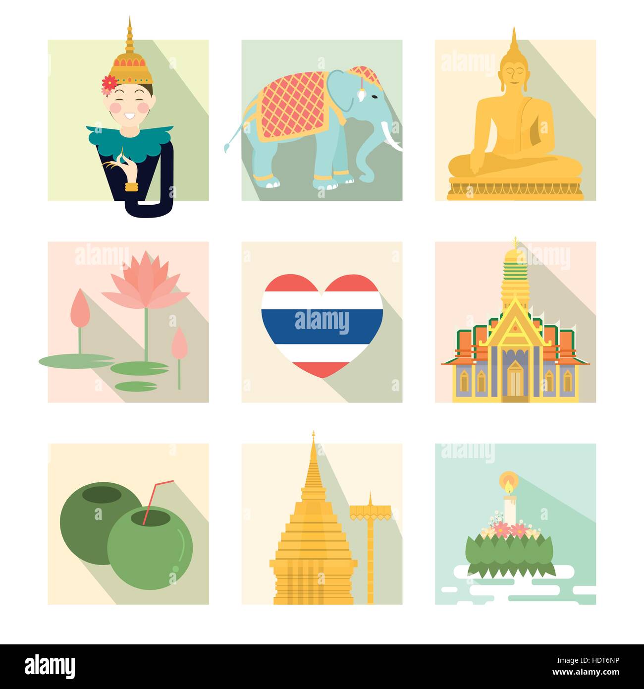 Adorabili Thailandia concetto di viaggio insieme di raccolta in uno stile piatto Illustrazione Vettoriale