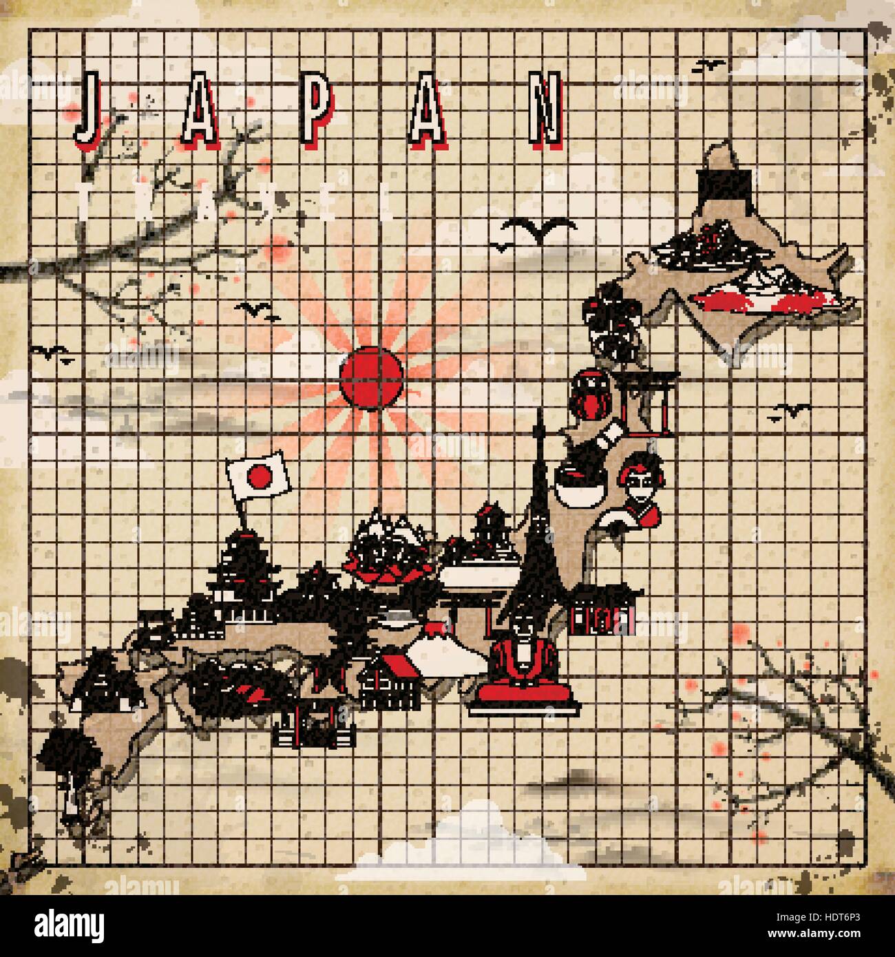 Retrò Japan travel mappa design in stile piatto Illustrazione Vettoriale