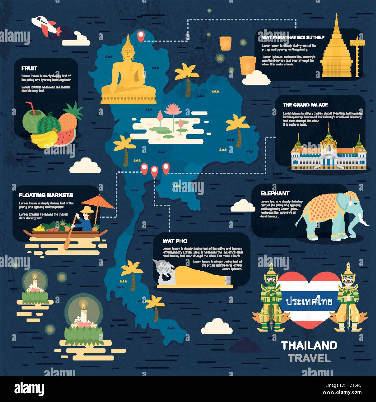 Attraente viaggi in Thailandia mappa poster in stile appartamento - Thailandia nome del paese in parola tailandese Illustrazione Vettoriale