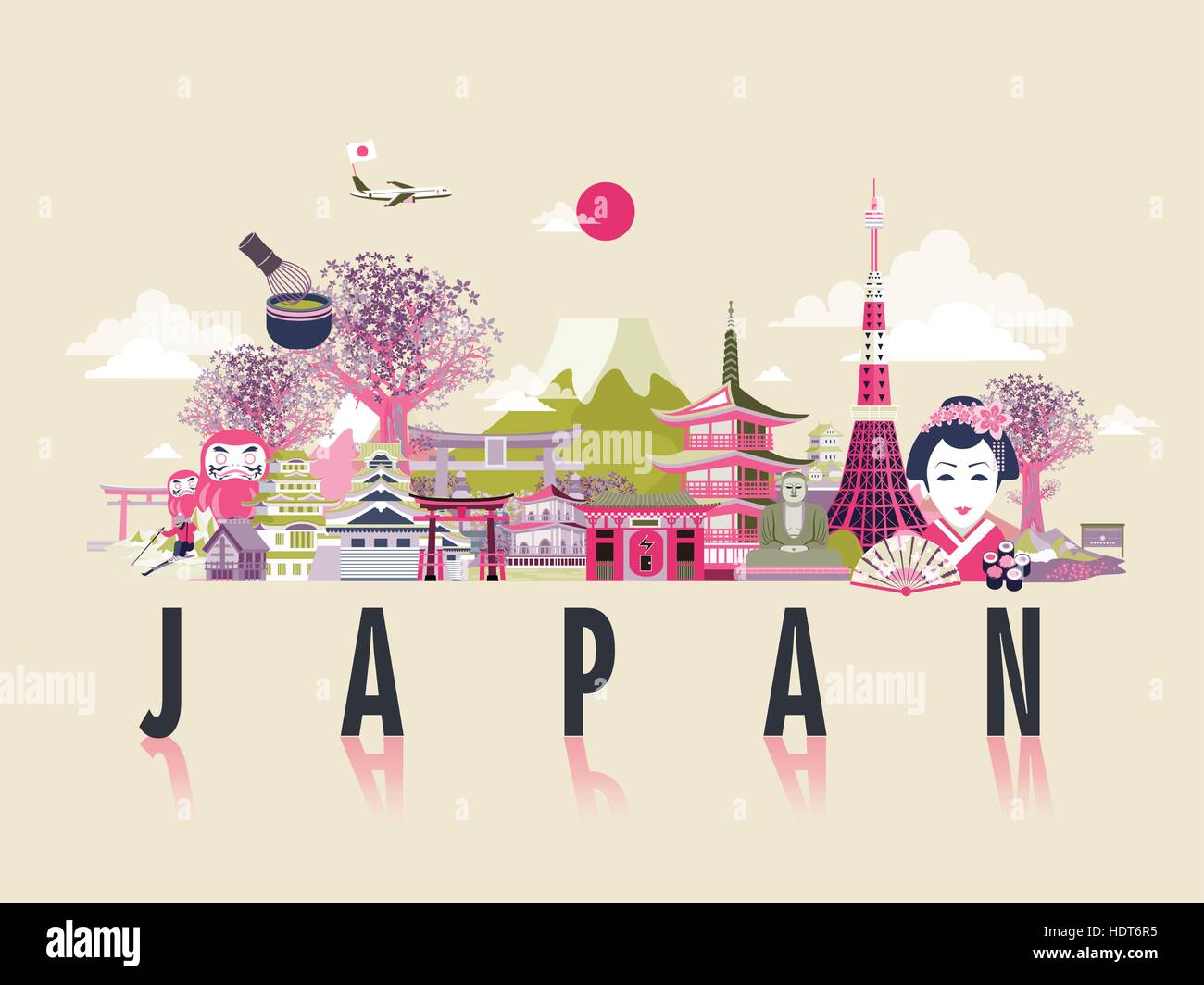 Meraviglioso viaggio Giappone design poster in stile piatto Illustrazione Vettoriale