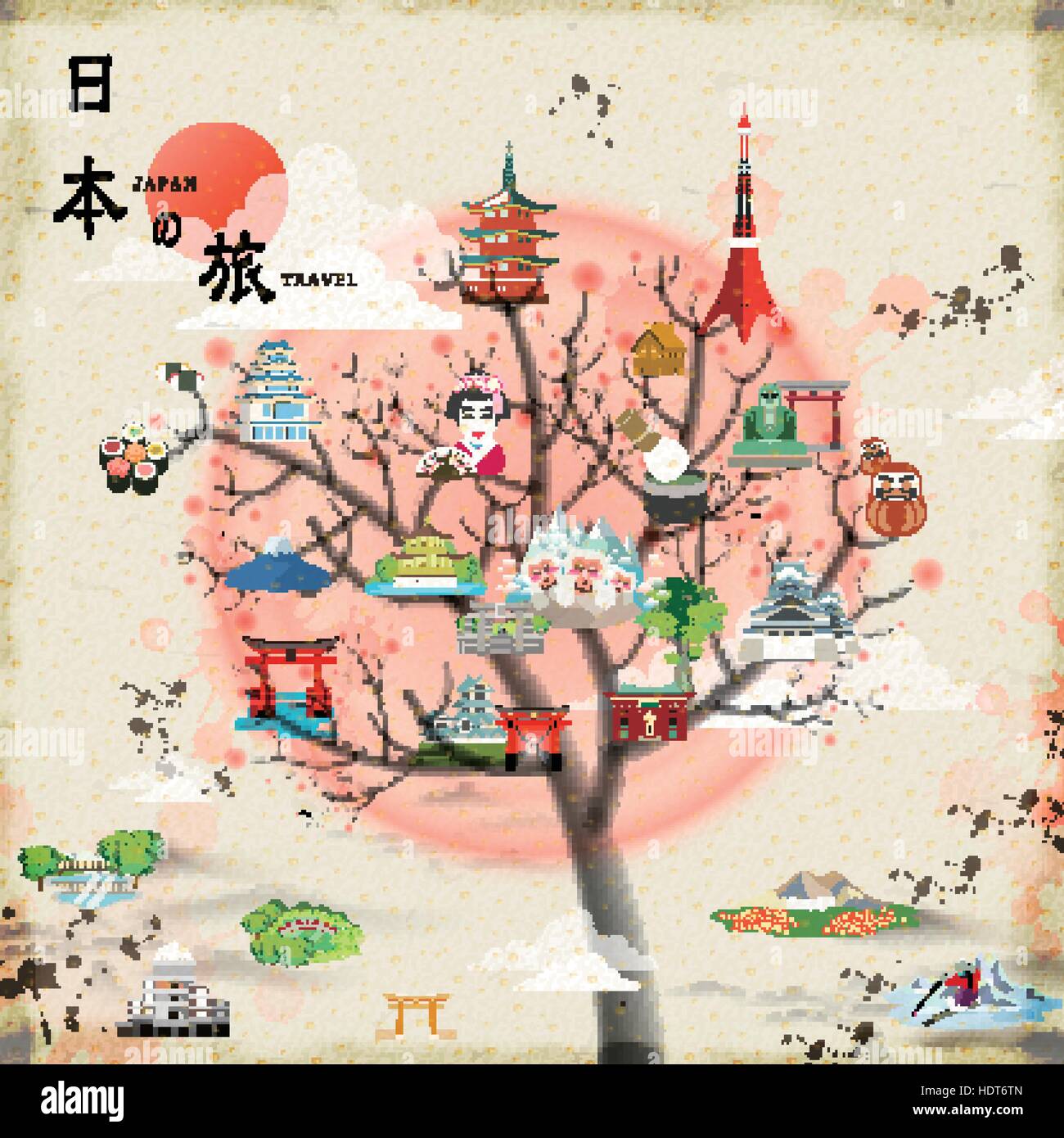 Attraente Japan travel poster design - Giappone viaggi in parole giapponesi sulla parte superiore sinistra Illustrazione Vettoriale