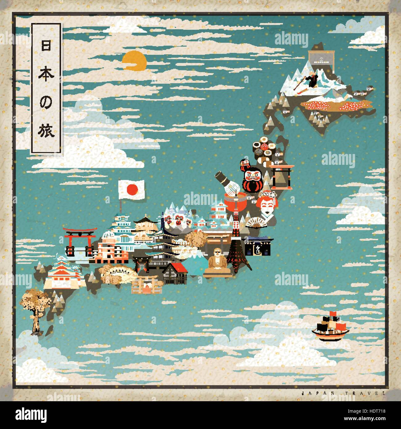 Bellissimo il Giappone mappa di viaggio - Giappone viaggi in giapponese su in alto a sinistra Illustrazione Vettoriale