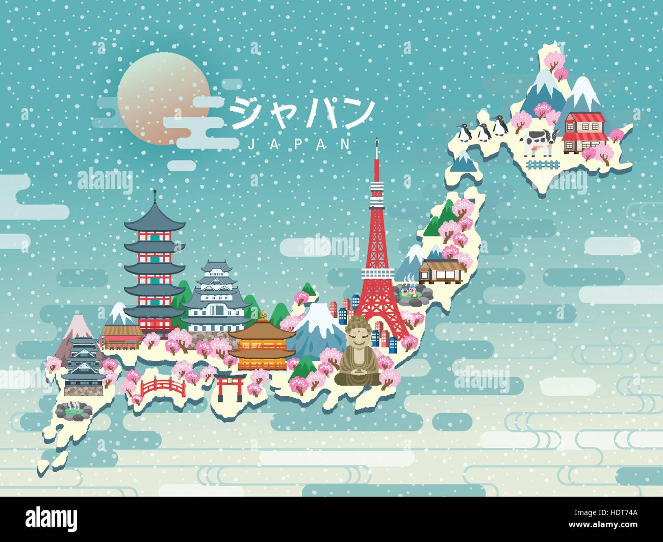 Bella Giappone mappa di viaggio - Giappone in parole giapponesi sul medio Illustrazione Vettoriale