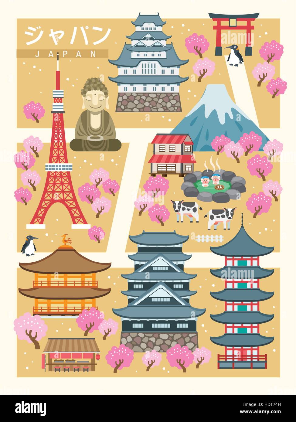 Giappone incantevoli passeggiate mappa - Giappone in parole giapponesi sulla parte superiore sinistra Illustrazione Vettoriale