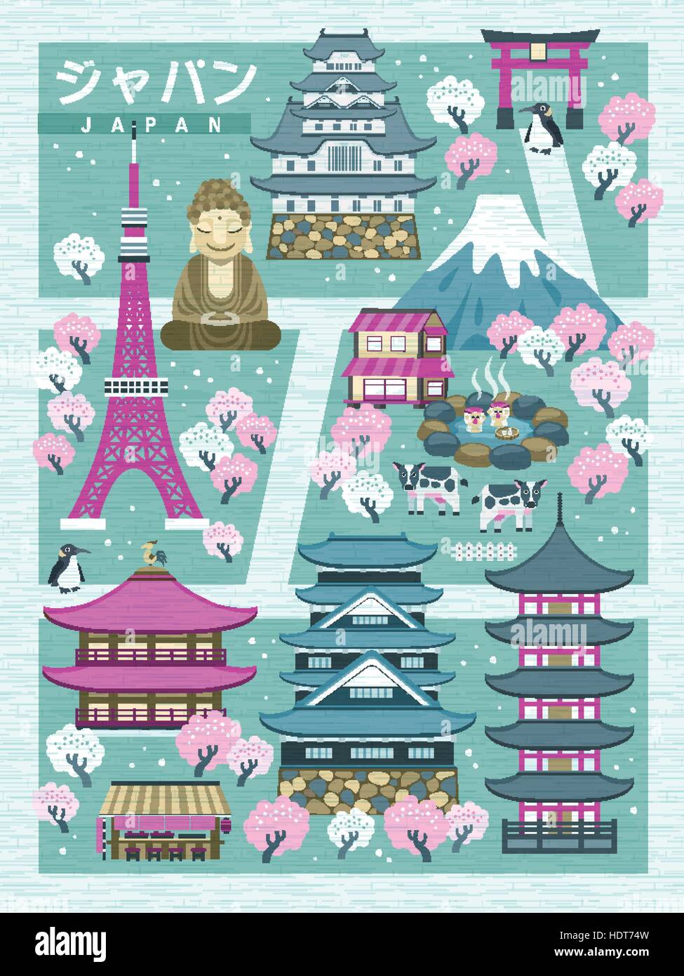 Giappone incantevoli passeggiate mappa - Giappone in parole giapponesi sulla parte superiore sinistra Illustrazione Vettoriale