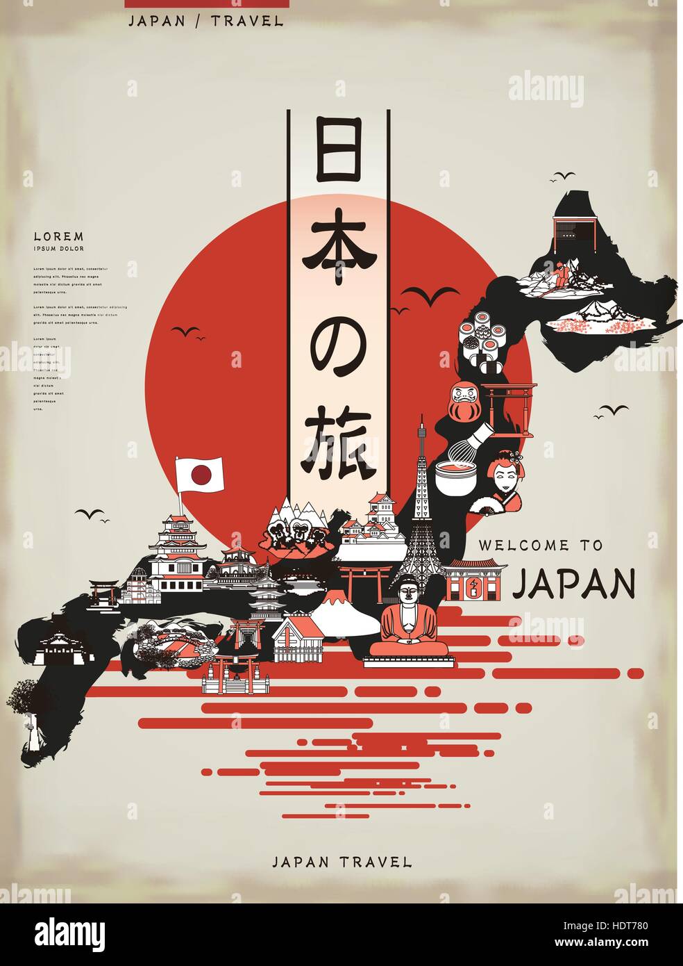 Retrò Japan travel mappa design con attrazioni - Giappone viaggi in parole giapponesi Illustrazione Vettoriale