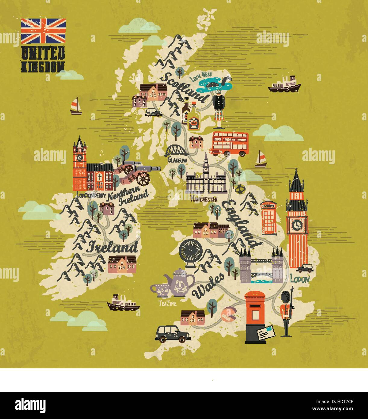 Regno Unito mappa di viaggio con attrazioni a design piatto Illustrazione Vettoriale