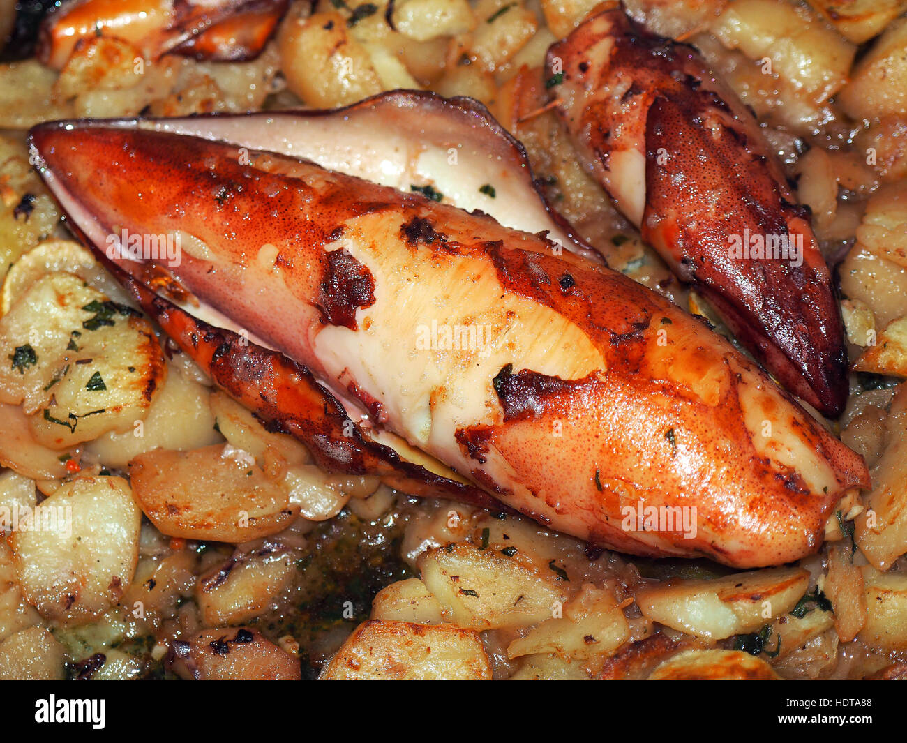 Calamari fritti ripieni di prosciutto formaggio e i tentacoli Foto Stock
