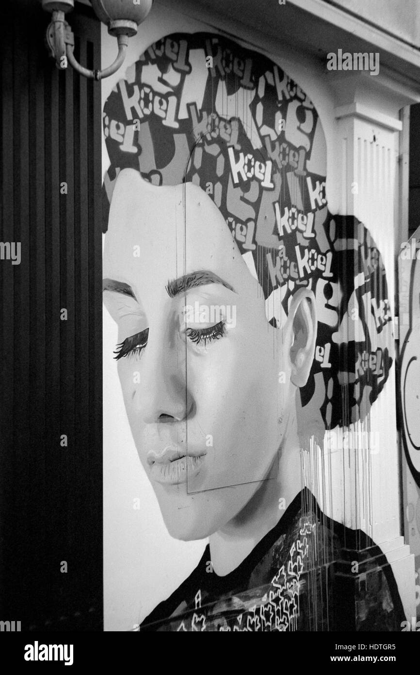 Muro di graffiti arte ritratto di una donna fatto su una strada a Southsea England Regno Unito Foto Stock