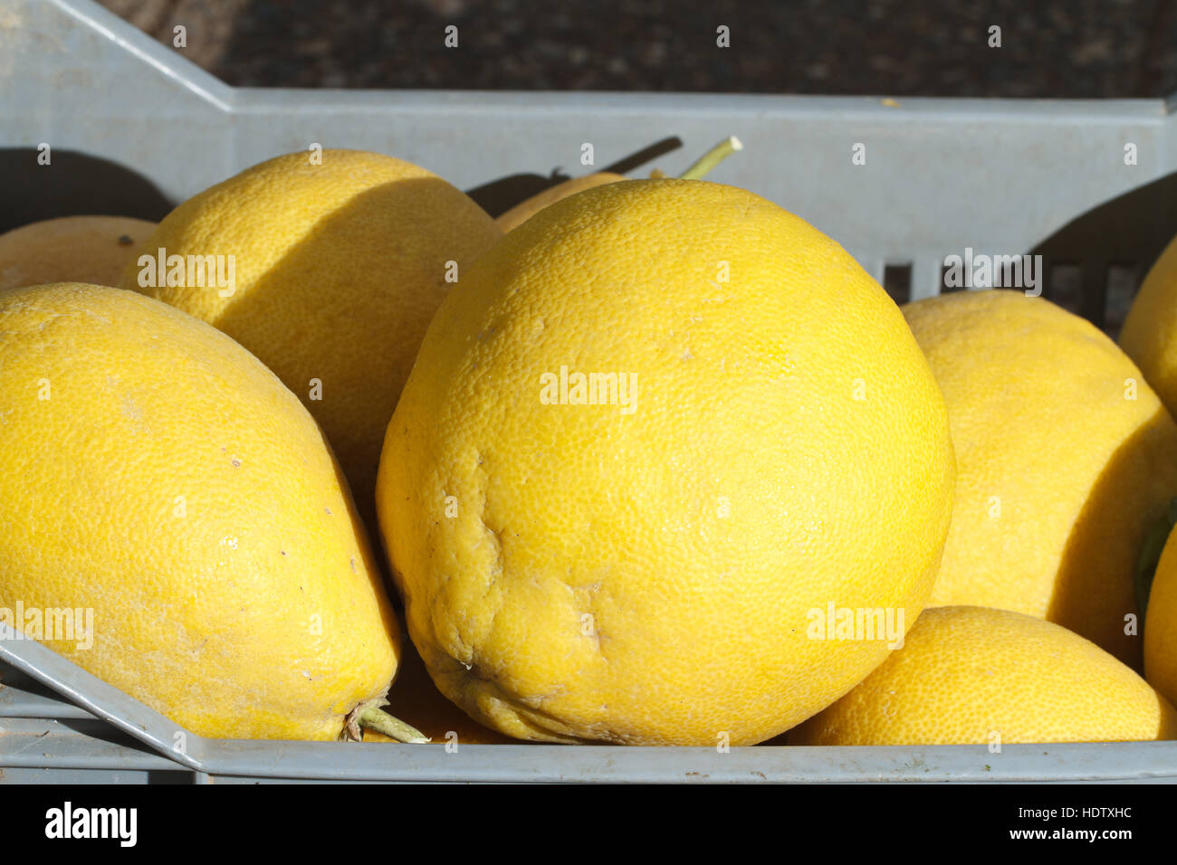 Succo di pompelmo fresco nel contenitore sul mercato close up orizzontale. Foto Stock