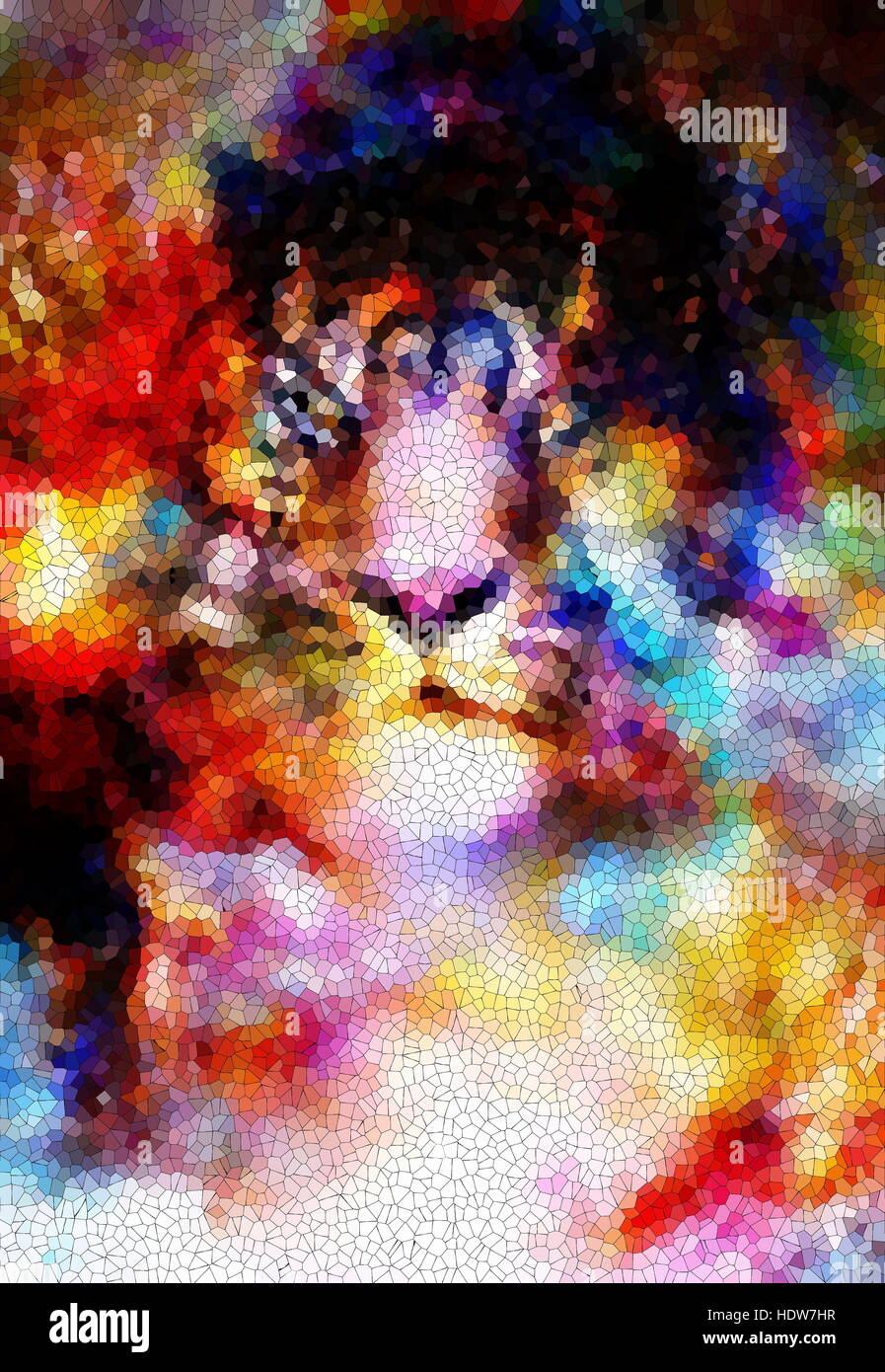 Multicolor cosmic tiger faccia il collage, computer grafica con effetto mosaico. Foto Stock