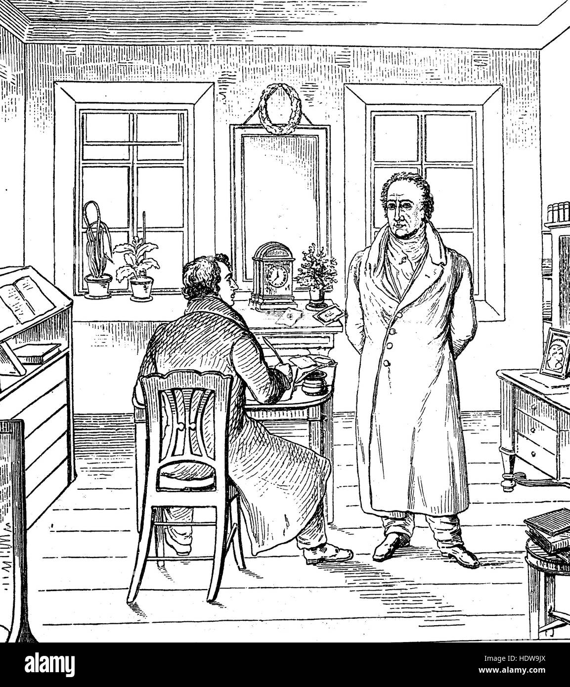 Johann Wolfgang von Goethe, Francoforte sul Meno 1749 - Weimar 1832, uno scrittore tedesco e statista, nel suo studio con il segretario, xilografia a partire dall'anno 1880 Foto Stock