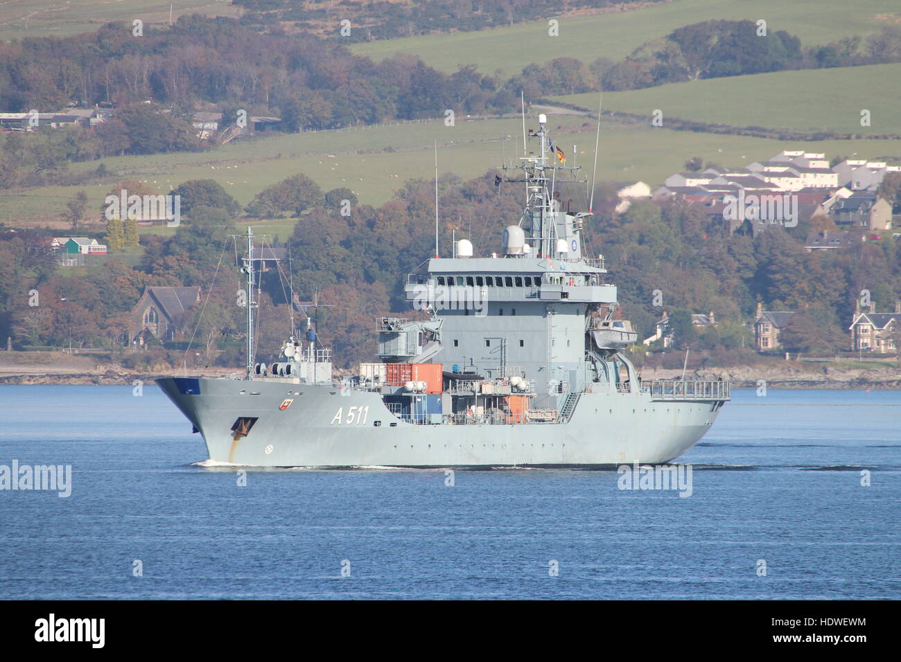 FGS Elba (A511), un Elbe-classe (Tipo 404) Gara della marina tedesca, uscire il Clyde per esercitare congiuntamente il guerriero 16-2. Foto Stock