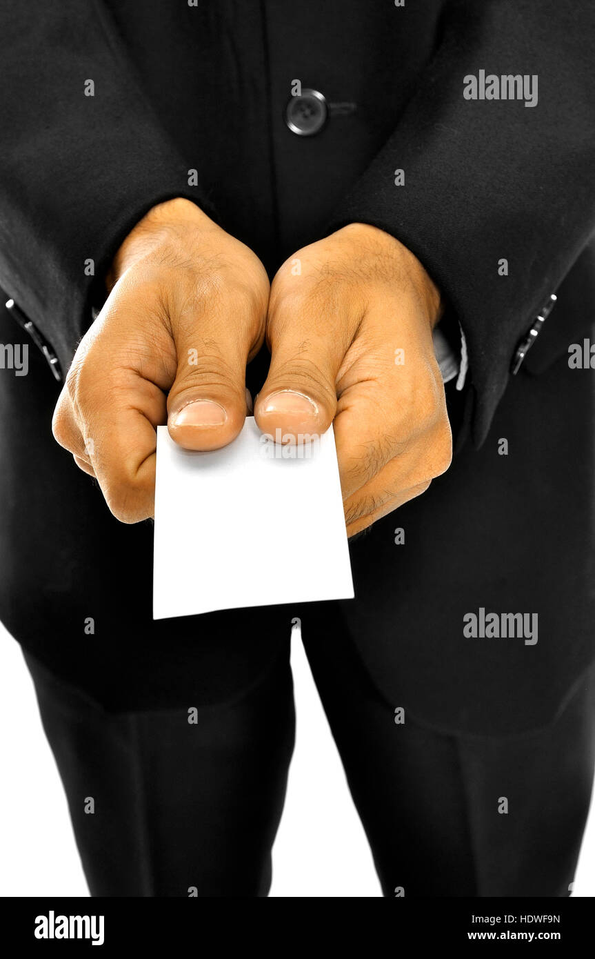 Business man azienda nome scheda isolate su sfondo bianco. È possibile mettere il vostro messaggio sulla carta Foto Stock