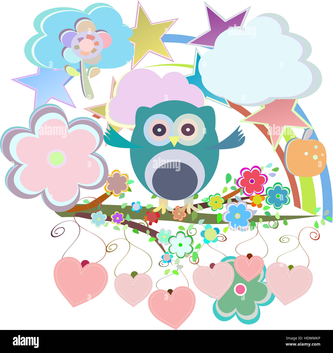 ?Artoon impostare gufi, uccelli, fiori, sky, cloud Foto Stock