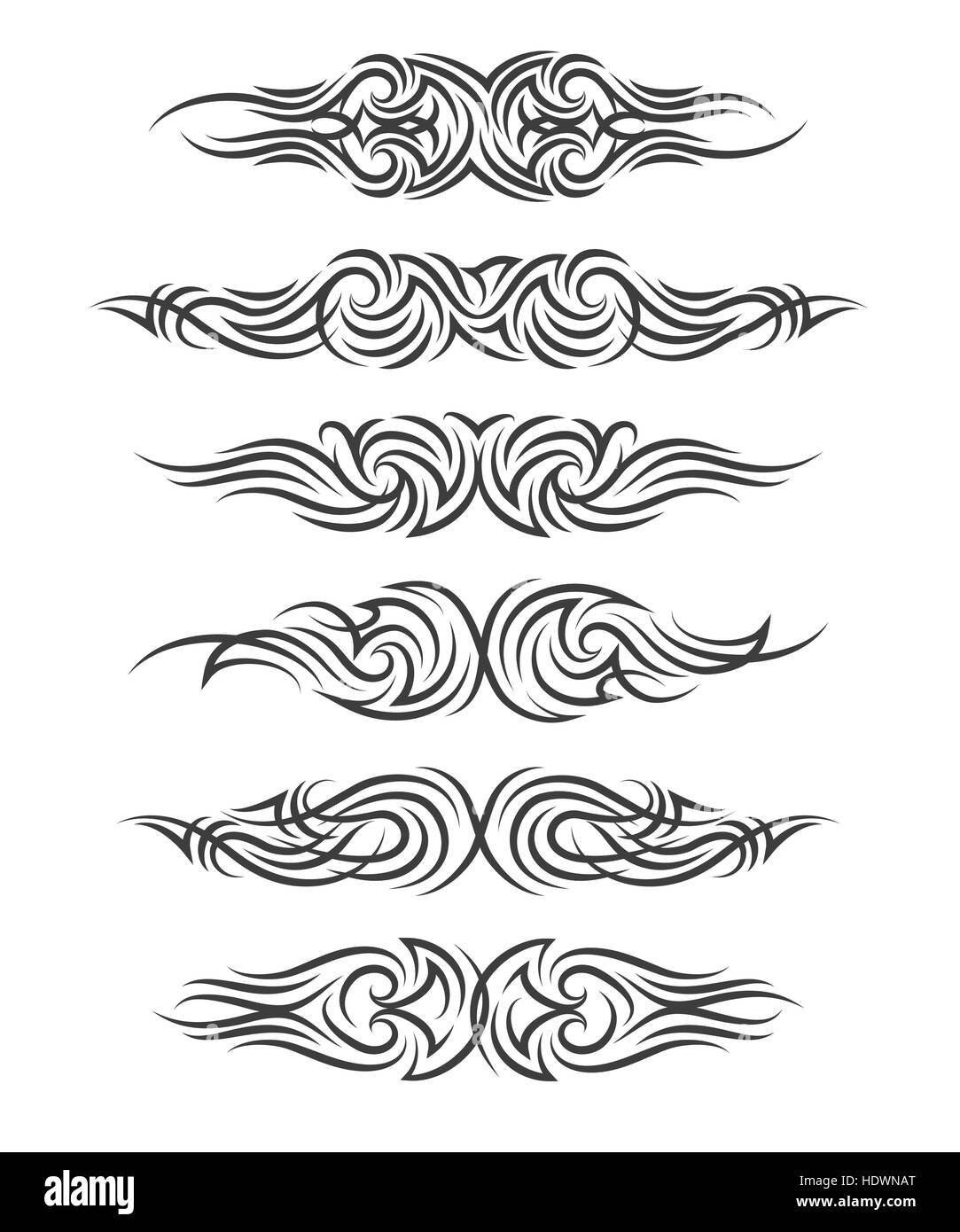 Tribal tattoo set. Sei tatuaggio tribali in stile su sfondo bianco. Illustrazione Vettoriale. Illustrazione Vettoriale