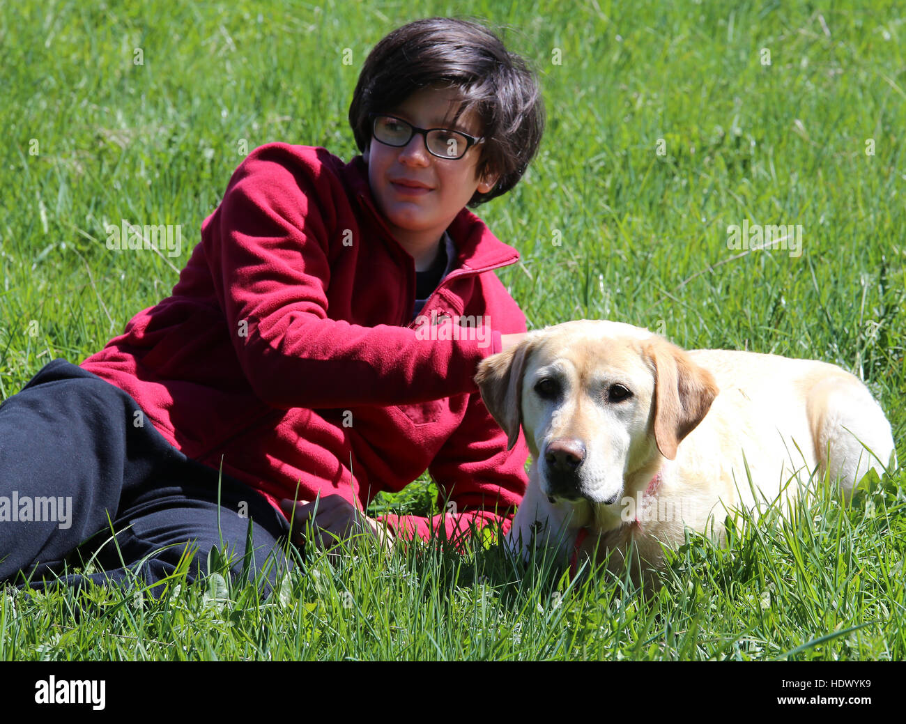 Ragazzo caucasico con lunghi capelli neri insieme con il suo cane Labrador Retriever Foto Stock