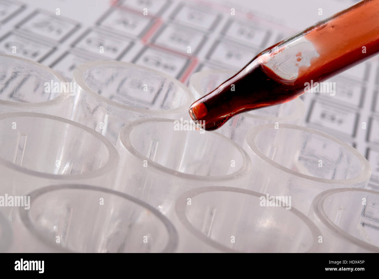 Goccia di sangue da un contagocce in laboratorio di chimica Foto Stock