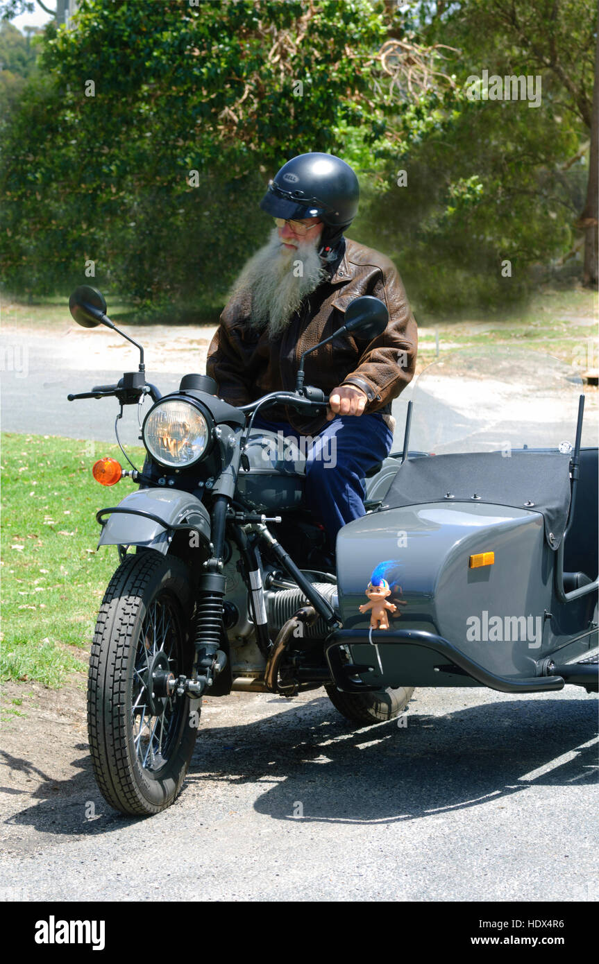 Coppia biker con una lunga barba bianca il pilotaggio di un IMZ-Ural moto e un sidecar decorata con un puffo, Victoria, VIC, Australia Foto Stock