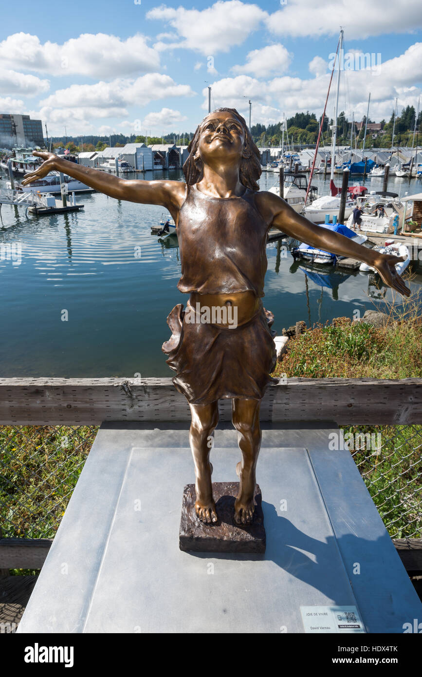 La Joie de Vivre statua in bronzo, da David Varnau, in Percival Landing Park, Olympia, Washington. Foto Stock