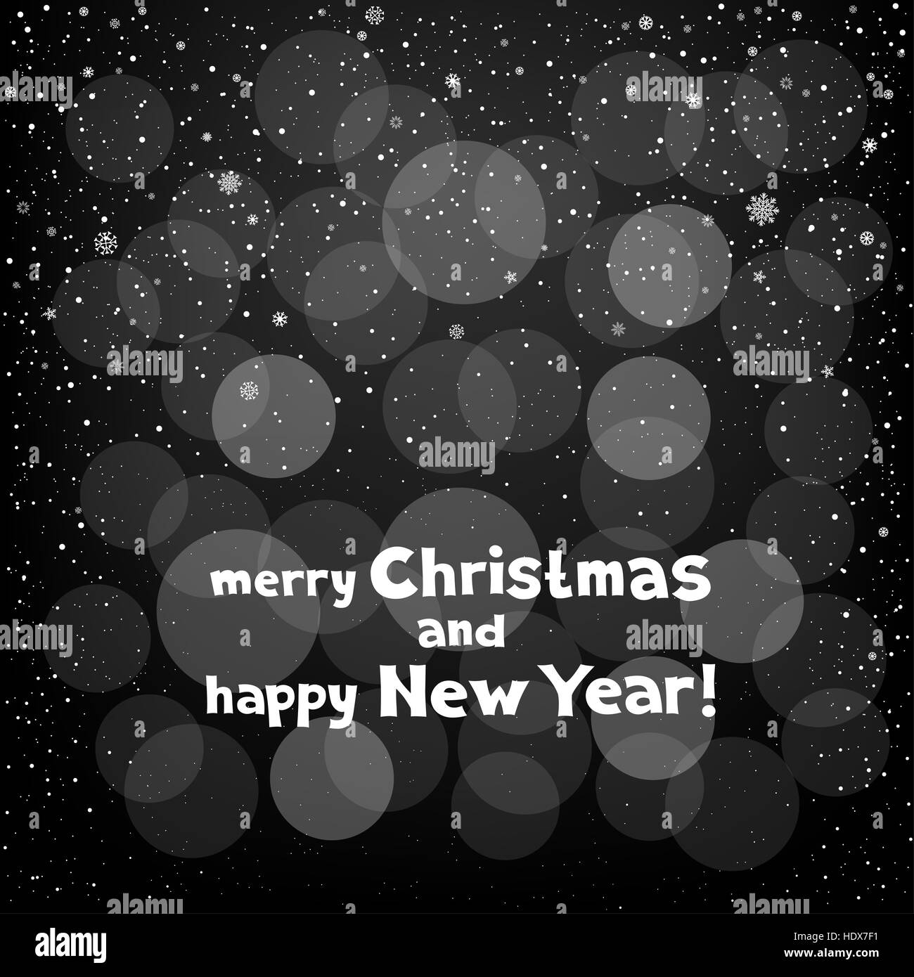 Nero Invernale sfondo bokeh di fondo con la neve. Lettering buon Natale e felice anno nuovo Foto Stock
