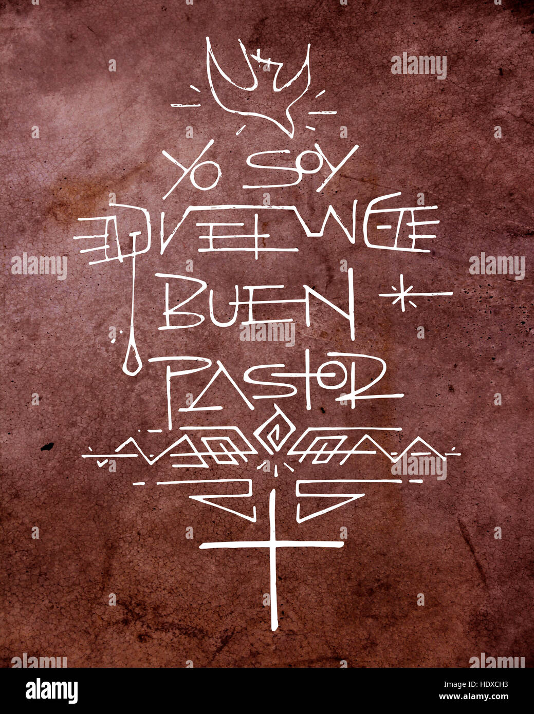 Disegnata a mano immagine o disegno di una Croce Cristiana, una colomba e altri simboli, con la frase in spagnolo che dice: Yo soy El Buen Pastor, che Foto Stock