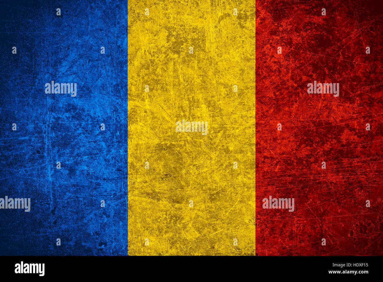 Bandiera della Romania o rumeno banner su graffiato texture vintage Foto Stock