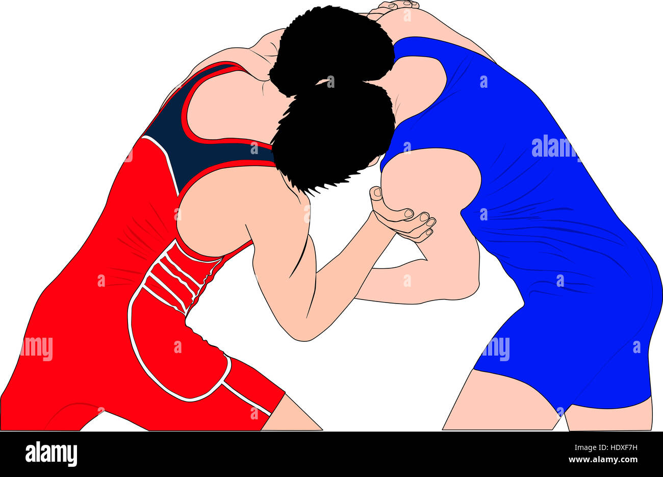 Due uomini lottatori nel wrestling greco-romana a concorsi. colore silhouette illustrazione vettoriale Foto Stock