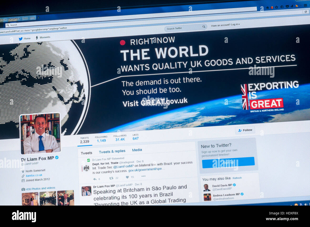 L'account di Twitter del British International Trade Segretario, dottor Liam Fox. Foto Stock