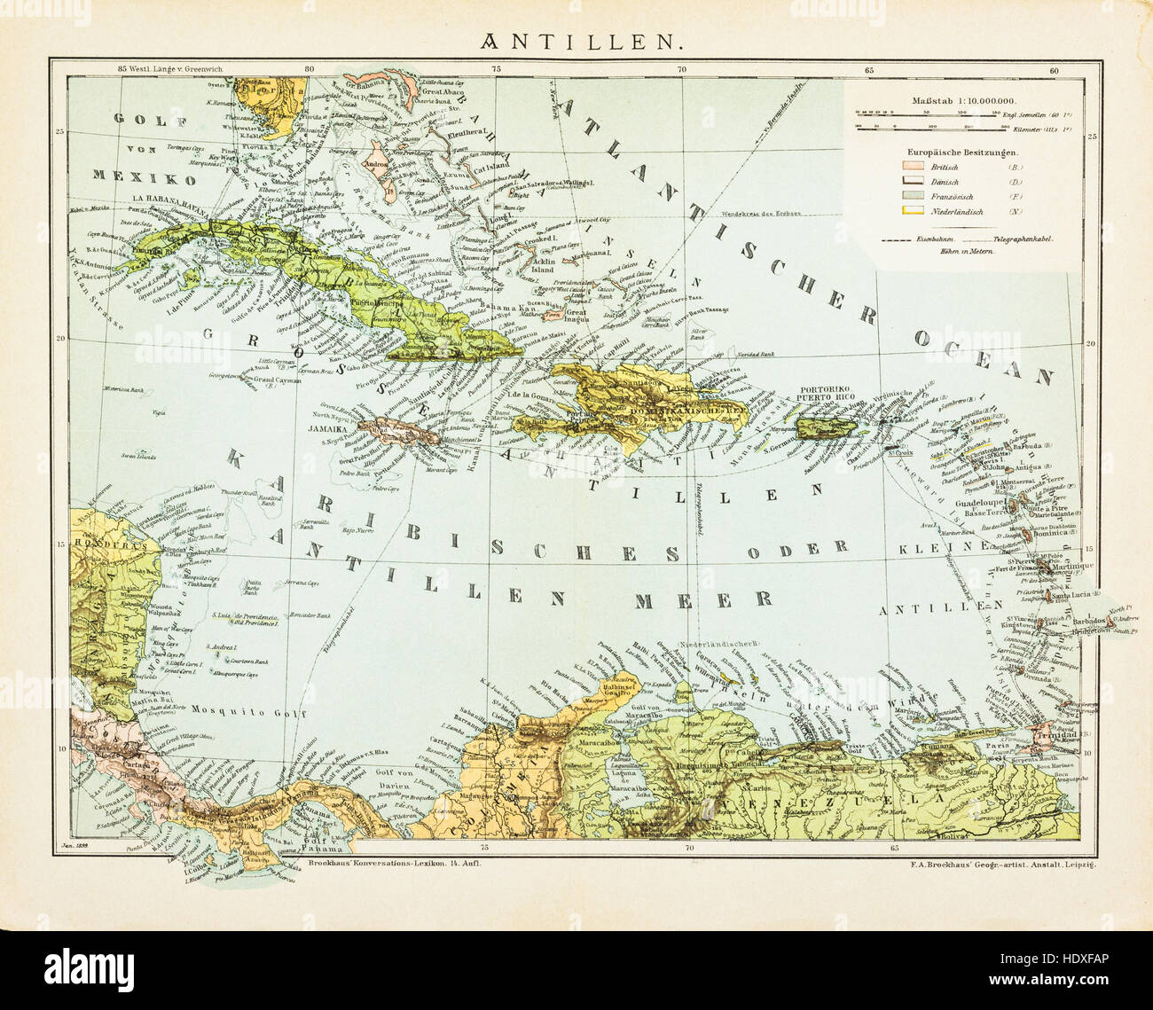 Mappa vecchia delle Grandi Antille nel Mar dei Caraibi Foto Stock