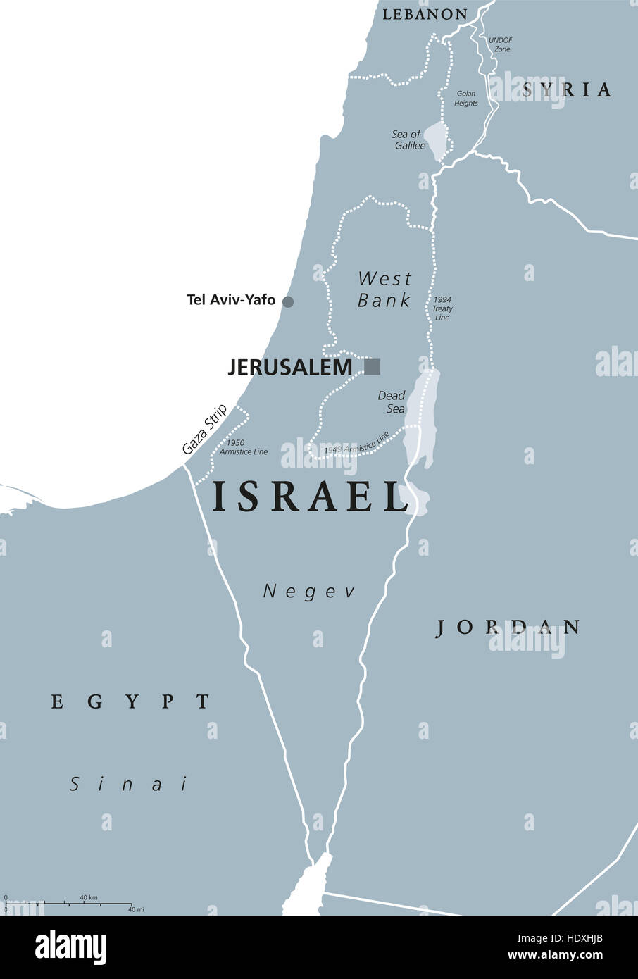 Israele mappa politico con capitale Gerusalemme e vicini di casa. Stato di Israele, paese in Medio Oriente con i territori palestinesi. Foto Stock