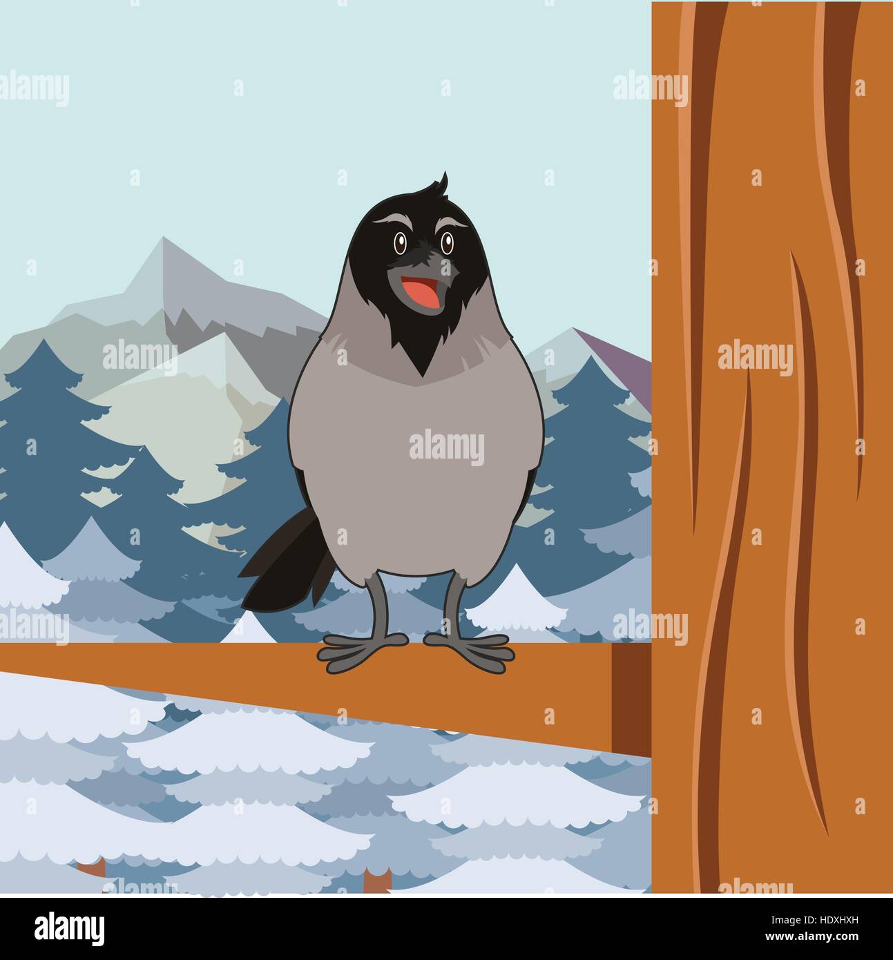 Immagine vettoriale del felice Crow sul piatto invernale backgrownd Illustrazione Vettoriale
