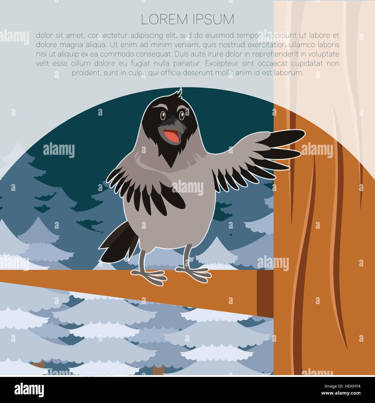 Immagine vettoriale del felice Crow sul piatto invernale backgrownd Illustrazione Vettoriale