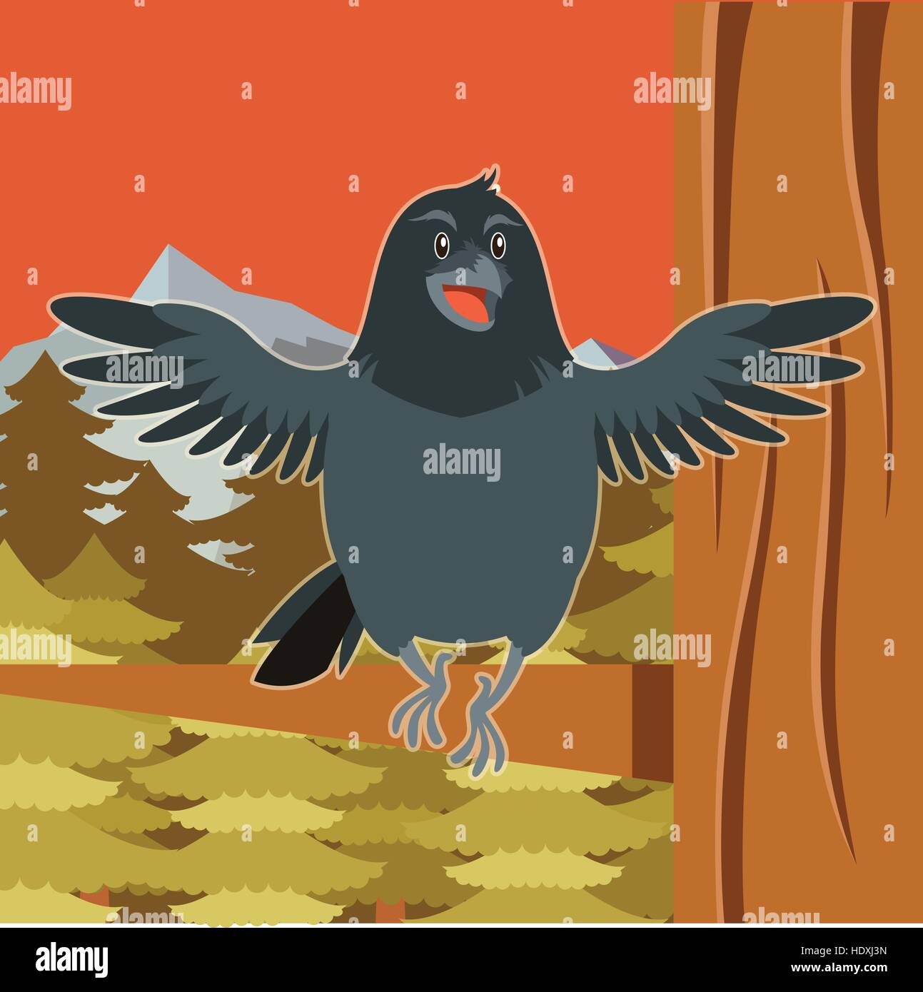 Immagine vettoriale del felice Raven sull'albero inverno sfondo piatto Illustrazione Vettoriale
