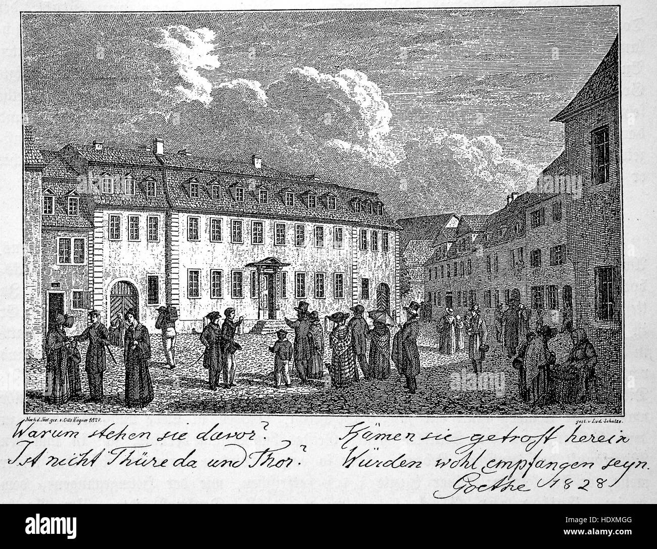 Le persone di fronte alla casa di Johann Wolfgang von Goethe a Weimar, xilografia a partire dall'anno 1882, digitale migliorata Foto Stock