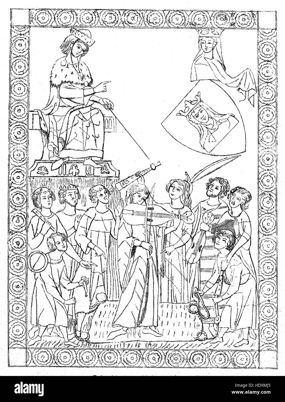 Meister Frauenlob nel Codex Manesse, Meister Heinrich Frauenlob, Miniatur aus der Manessischen Liederhandschrift, Codex Manesse, 14. Jahrhundert, Heinrich Frauenlob noto anche come Enrico di Meissen, Heinrich von Meissen, era un medio alto tedesco poeta e menestrello, xilografia a partire dall'anno 1882, digitale migliorata Foto Stock