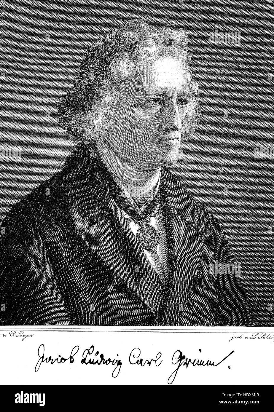 Jacob Carl Ludwig Grimm, 1785-1863, un filologo tedesco, giurista, e mythologist, xilografia a partire dall'anno 1882, digitale migliorata Foto Stock
