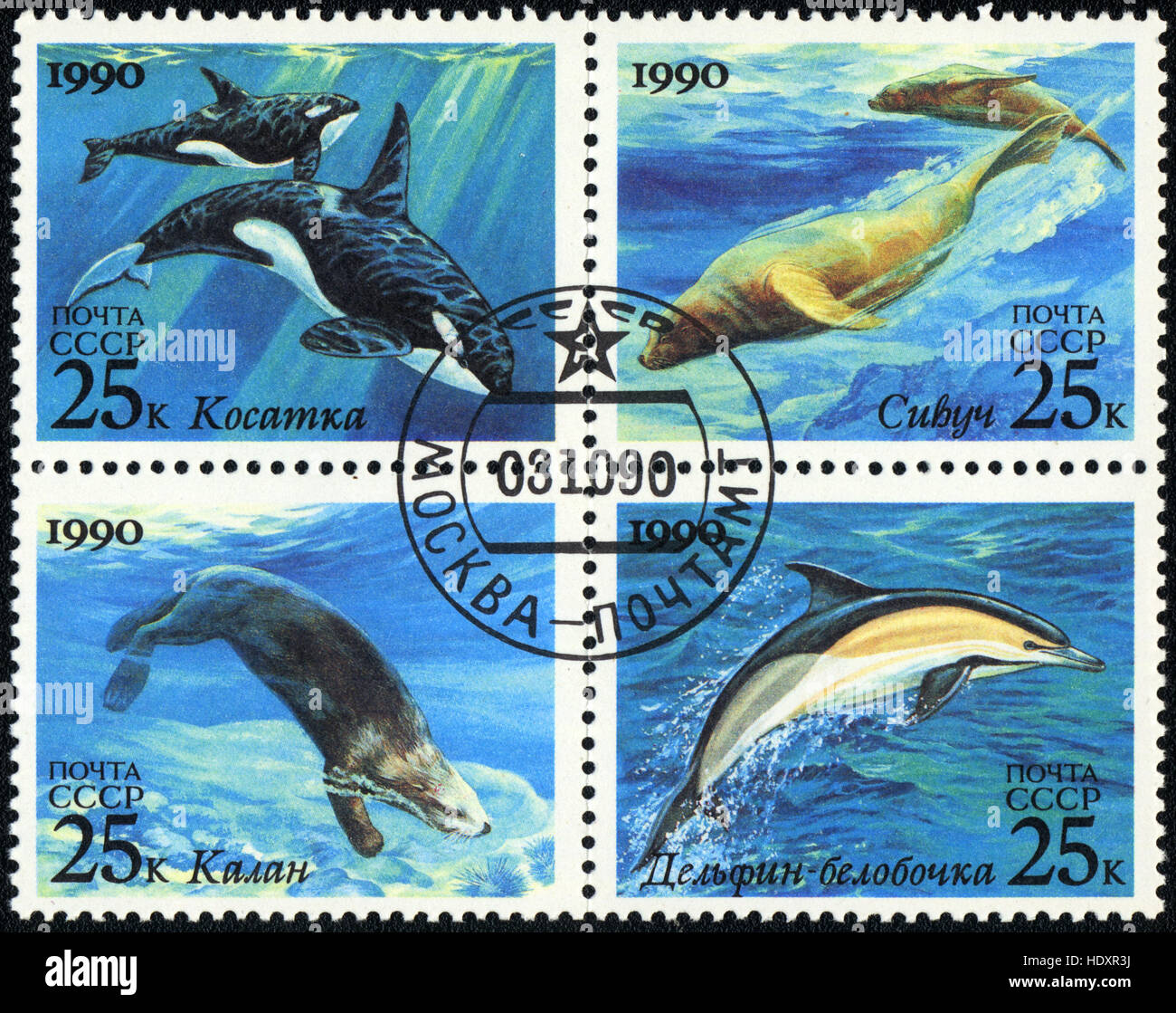 I francobolli stampati in URSS mostra Orcinus orca, Enhydra lutris, Eumetopias jubatus , Delphinus delphis, mammiferi marini ,1990 serie Foto Stock