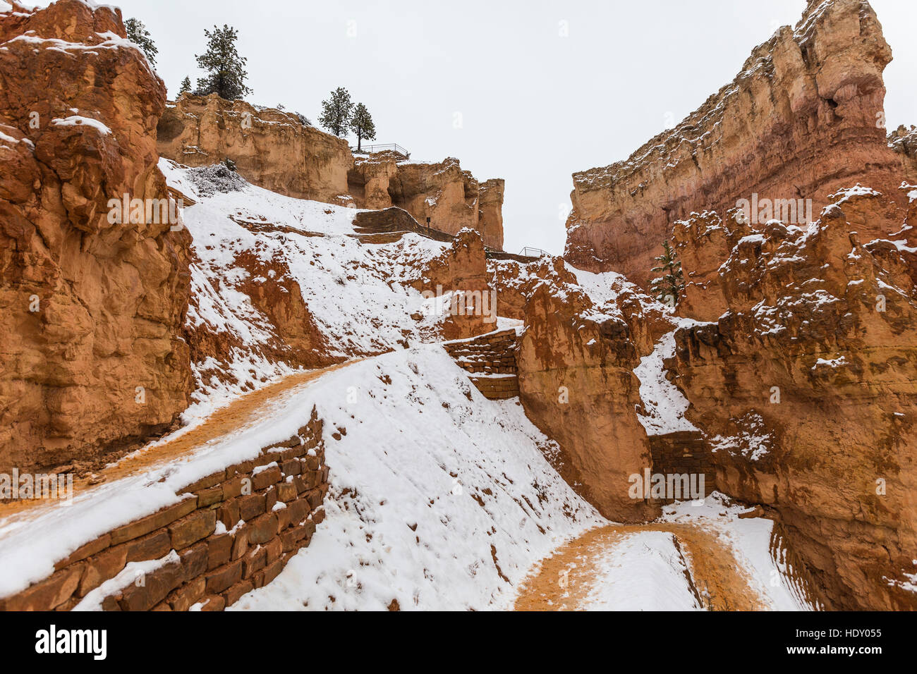 Wall Street trail con la neve vicino a punto al tramonto nel Parco Nazionale di Bryce Canyon nel sud dello Utah. Foto Stock