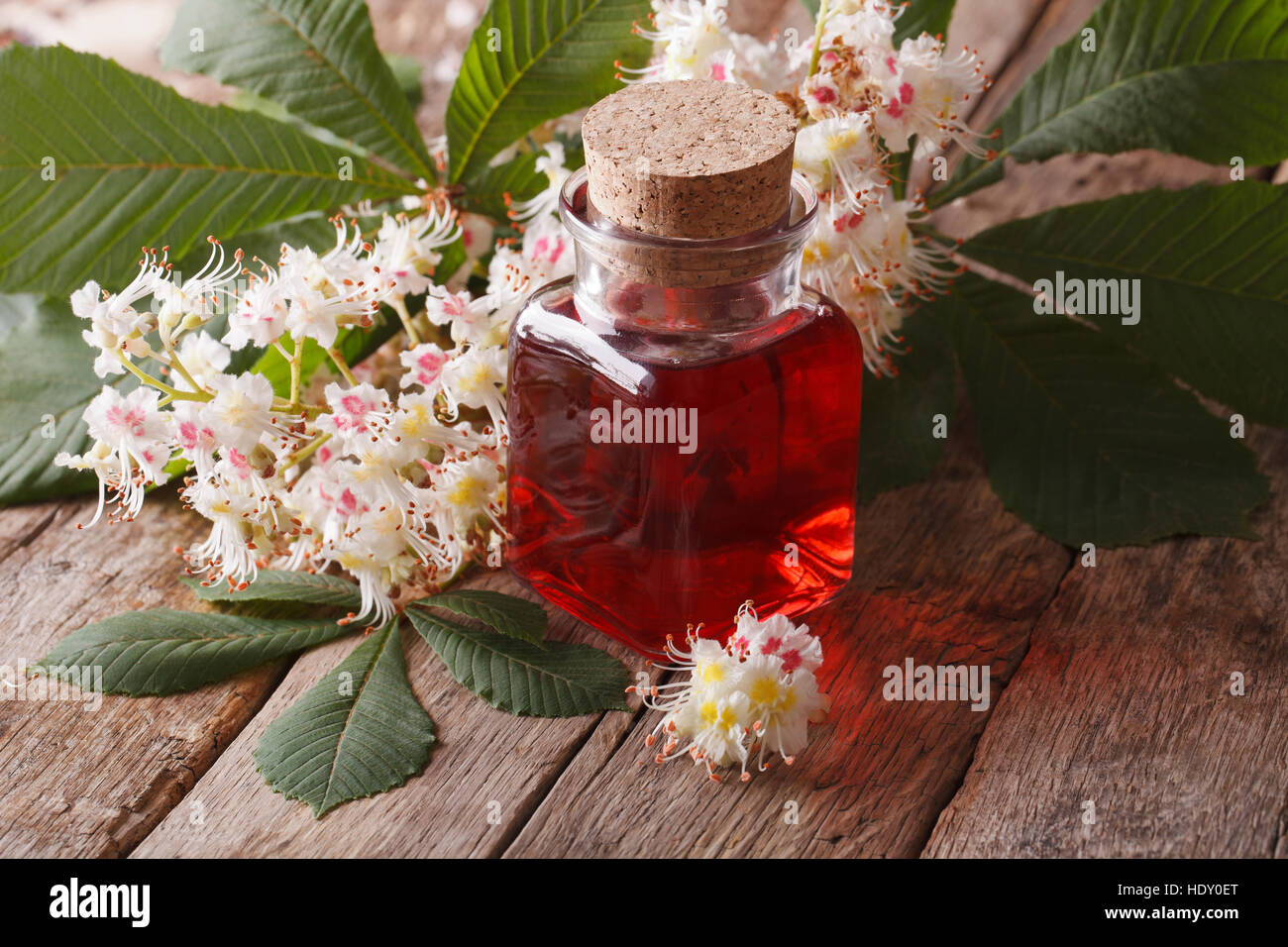 L'estratto di fiori di castagno nella bottiglia sul tavolo. primo piano orizzontale Foto Stock