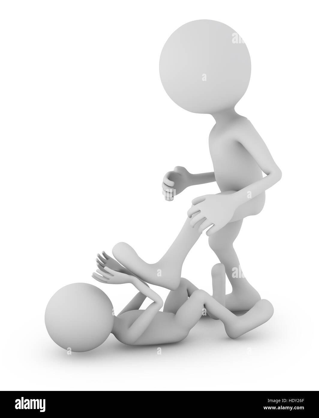 Un uomo preme un piede su un altro uomo, 3D render. Foto Stock