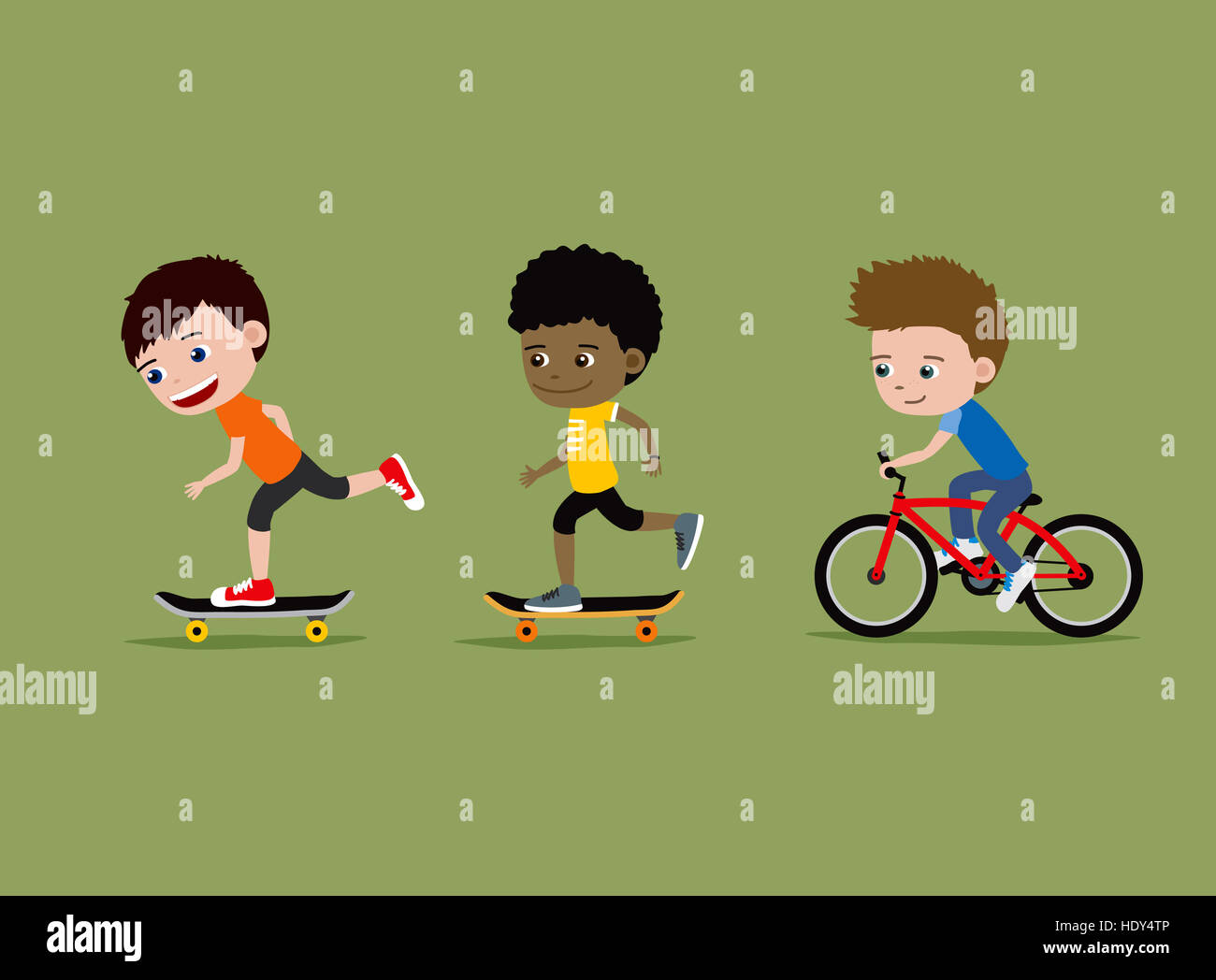 Equitazione per bambini di skateboard e bici. Tre ragazzi piccoli. Foto Stock