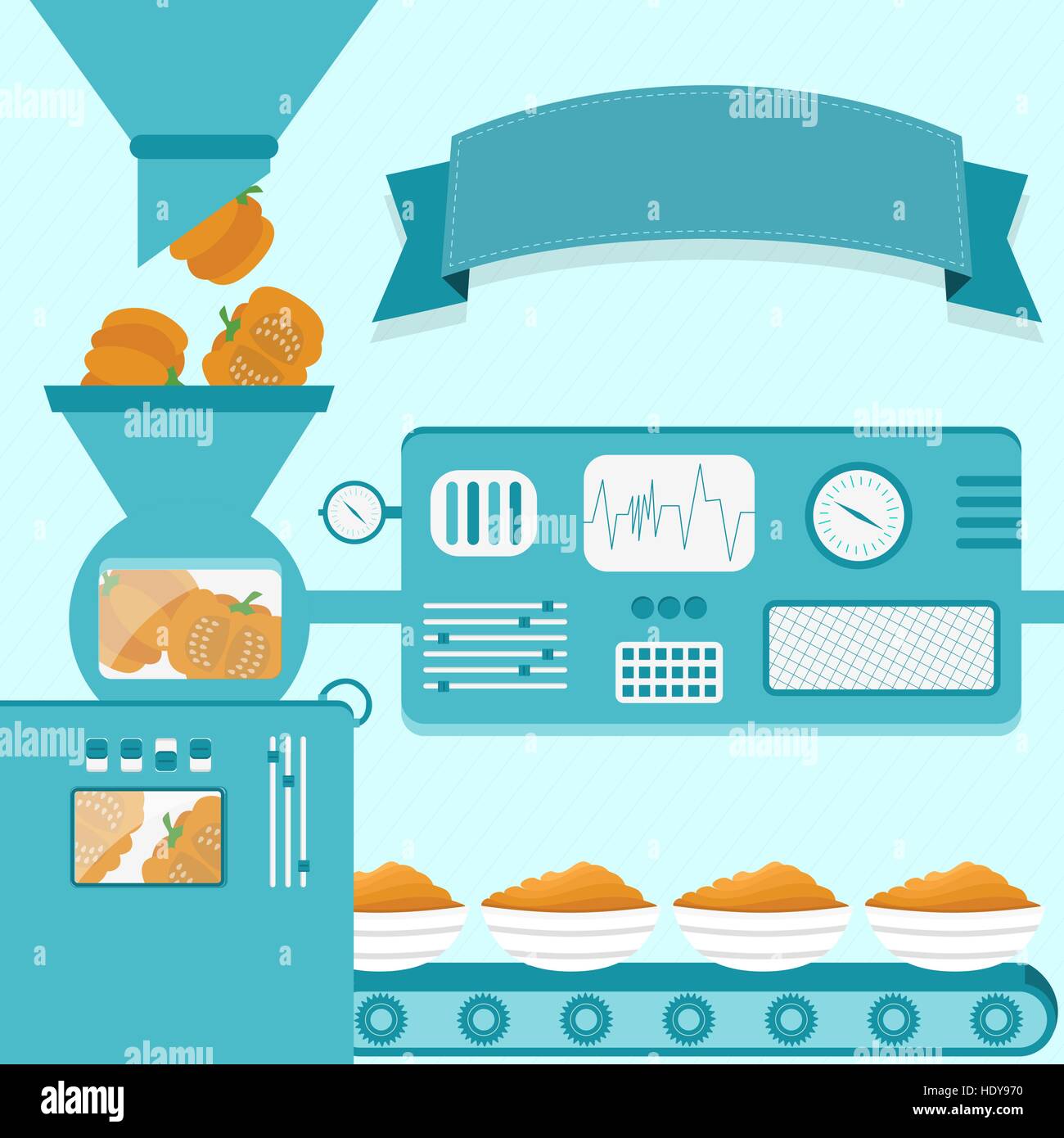 Illustrazione Vettoriale della fabbrica di produzione di crema di zucca. Crema di zucca produzione fresca da squash. Nastro vuoto per inserire il testo. Illustrazione Vettoriale