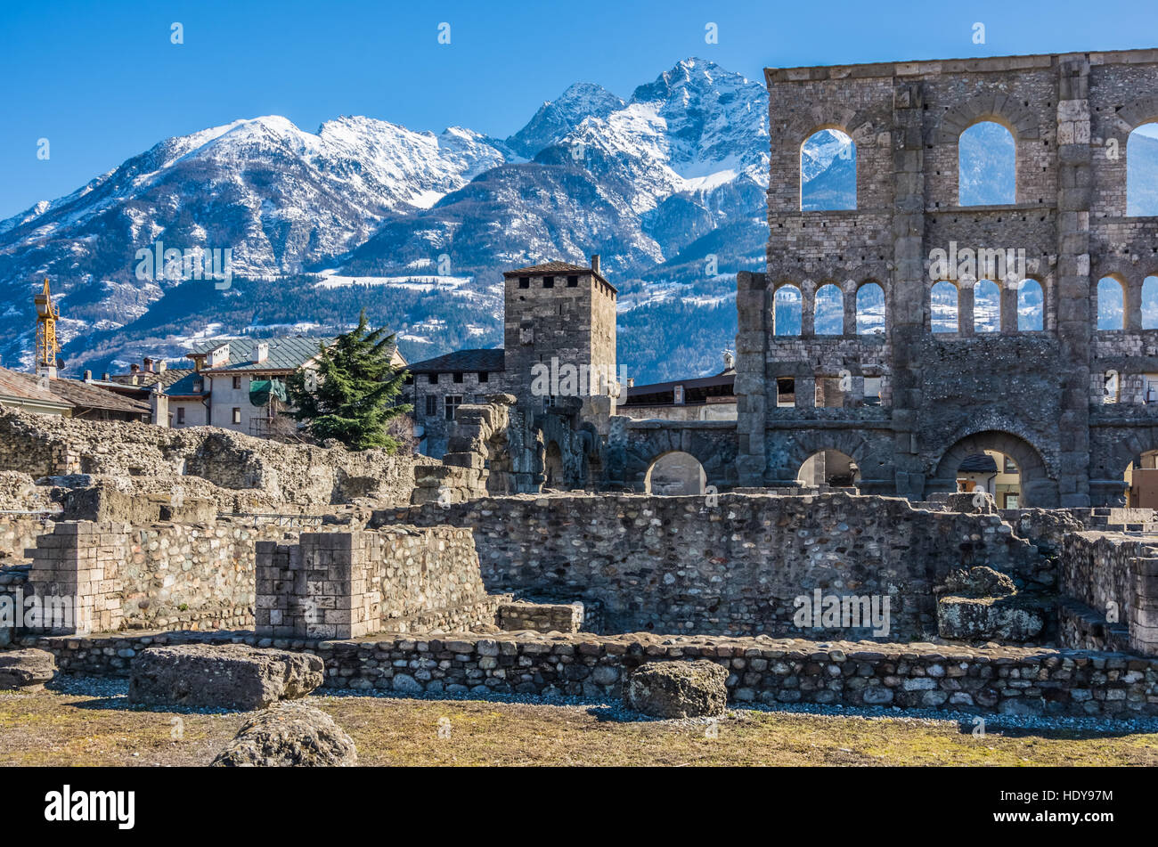 Le rovine romane in Aosta Foto Stock