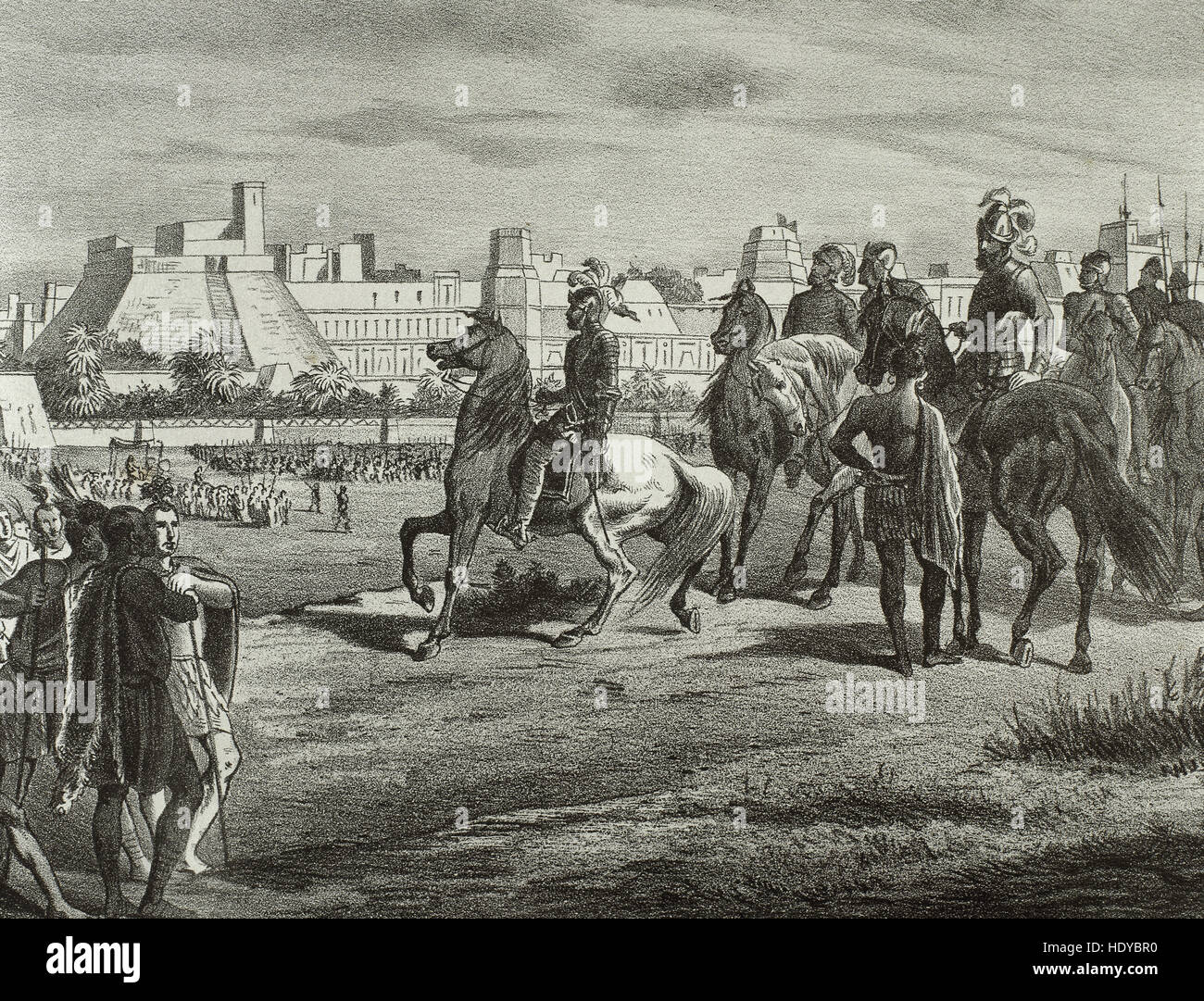 Conquista del Messico, 1519. Moctezuma II (c. 1466-1520), nono tlatoani o righello di Tenochtitlan, arriva a ricevere Hernan Cortes (1488-1547), conquistatore spagnolo del Messico. Incisione. Xix secolo. Foto Stock